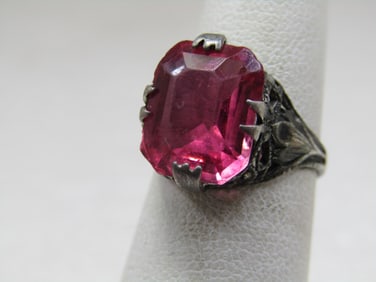 Vintage Sterling Pink Stone Art Deco Ring, Sz. 4, 1920's-1930's