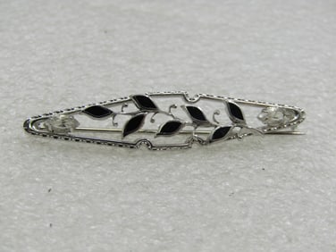 Vintage Sterling Enameled Black Leaf Brooch,, Marquise Rhinestones, 2", 1960's