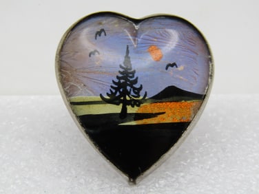 Vintage Morpho Heart Brooch, Beach Scene, Mid-Century