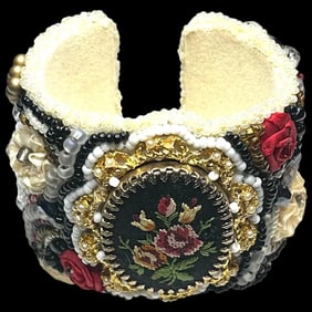 Vintage Handmade Artisan Beaded Flower Bracelet/Cuff