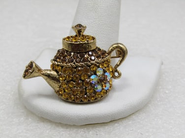 Vintage Rhinestone Teapot Brooch, 1960's, Aurora Borealis