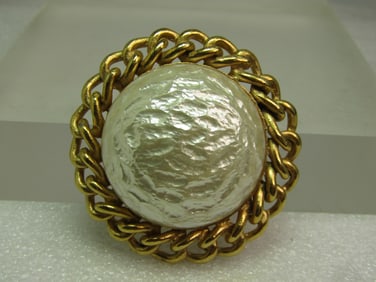 Vintage Faux Pearl Brooch with Chain Link Frame, Sarah Cov. 1970's