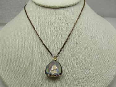 Vintage Reversed Carved Praying Hands Necklace 18", Peacock Aurora Borealis
