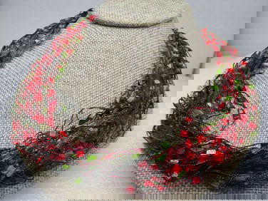 Vintage Multi-Strand Red/Green Silk Necklace, 22"
