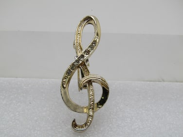 Vintage Rhinestone Treble Clef Brooch, 1960's-1970's