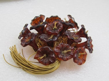 Vintage Early 1900's Cluster Floral Brooch, Molded Blossom, Amber Colored