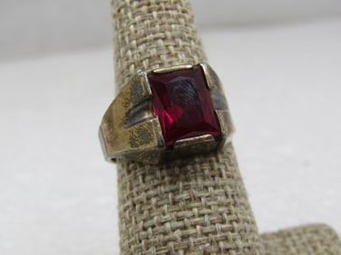Vintage 10kt Plated Sterling Ruby Ring, Sz. 7.75, Signed F.C.
