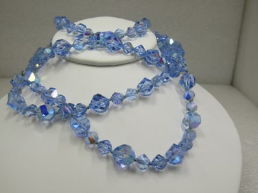 Vintage 50" Blue Aurora Borealis Rhinestone Necklce, Mid-Century