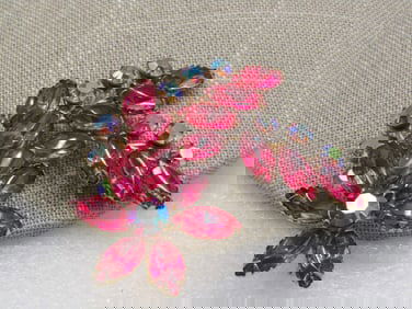 Vintage Pink & Blue A.B. Rhinestone Brooch, Mid-Century