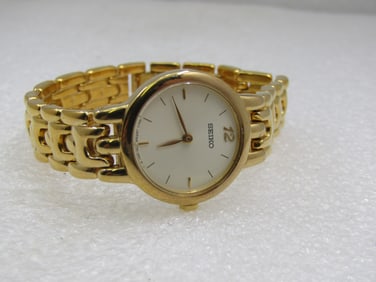 Vintage Gold Tone Ladies Watch Signed Seiko, 7", 12.5M Woven Link