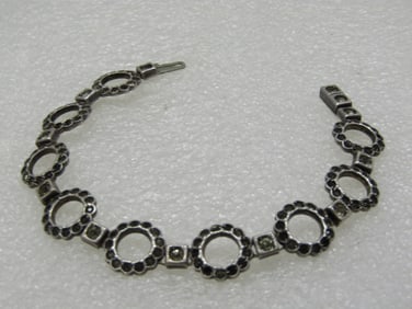 Vintage Sterling Art Deco Rhinestone Circle Link Bracelet, 6.75", signed Payco, 1920's