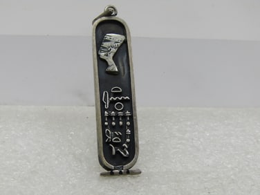 Vintage Sterling Egyptian Cartouche Pendant, Signed, 2-1/8"