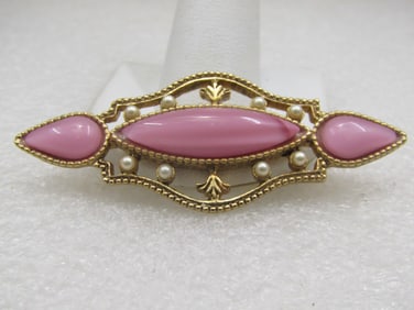 Vintage Pink Glass Faux Pearl Brooch, 2.75"