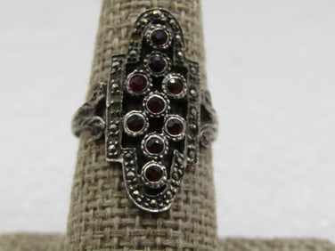 Vintage Sterling Garnet Marcasite Ring, Sz. 8.5