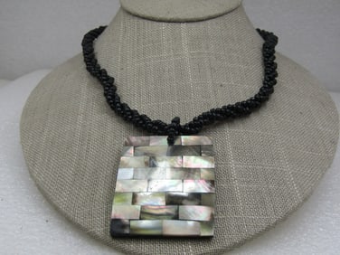 Vintage Southwestern Black Seed Beaded Ablone Necklace, 18"