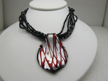 Blown Glass Multi-Strand Seed Bead Necklace 21.5", Black, Red,Silver