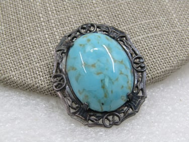 Vintage Sterling Turquoise Czech Glass Filigree Brooch, 1930's