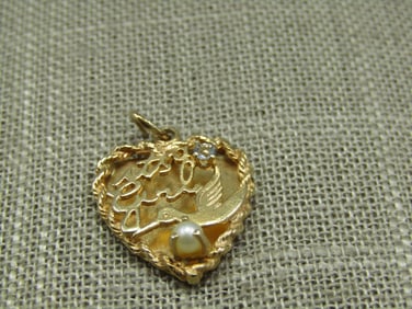 Vintage 14kt It's A Girl Heart Charm/Pendant, Aquamarine & Pearl, 1960's