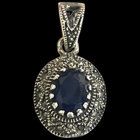 Vintage Sterling Silver Marcasite Deep Blue Stone Pendant