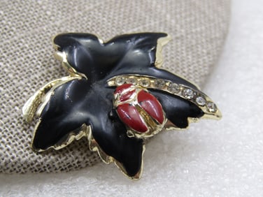 Vintage Enameled Lady Bug & Leaf Brooch, 1960's, Rhinestones, 1.5"