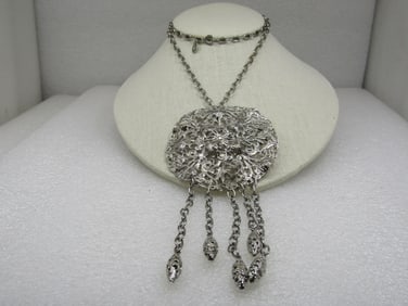 Vintage Silver Tone Filigree Drop Necklace/Brooch, 24" Signed Lisa