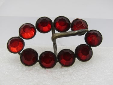 Vintage Red Rhinestone Buckle Czecho Slovakia Signed, 2.5"