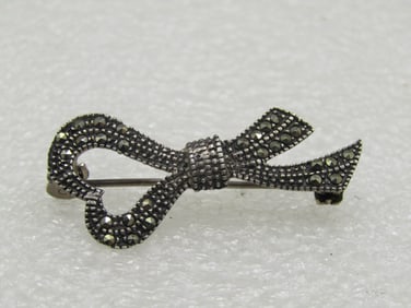 Vintage Sterling Marcasite Heart Bow Brooch