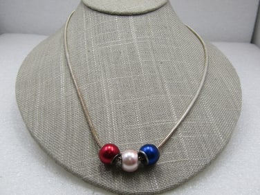 Red, White, & Blue Pearly Slide Bead Serpentine Necklace, 20"