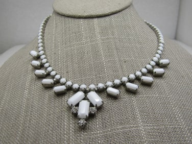 Vintage White Milk Glass & Rhinestone Bib Necklace, 16"