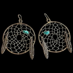 Vintage Native American Oversized Sterling Silver Dream Catcher Earrings