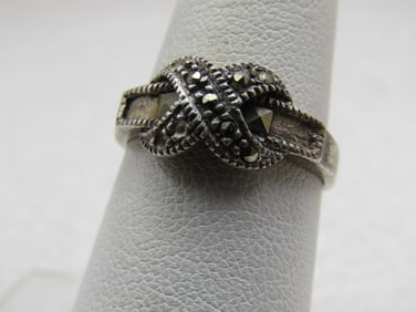 Vintage Sterling Marcasite X Ring, Size 7. 1970's-1980's