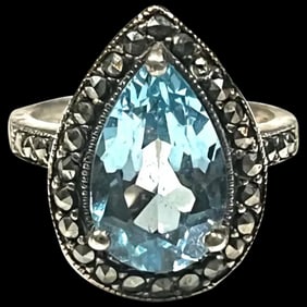 Vintage Sterling Silver Blue Topaz and Marcasite Statement Ring