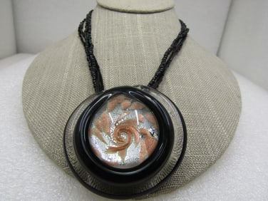 Vintage Black/Clear Copper Blown Glass Multi-Strand Necklace 18"