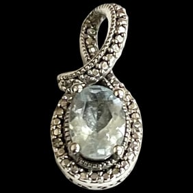 Estate Sterling Silver Oval Cut Aquamarine Halo Pendant