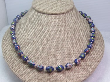 Vintage Blue Cloisonne Beaded Necklace, Floral, 20" , Knotted, 1970's-1980's