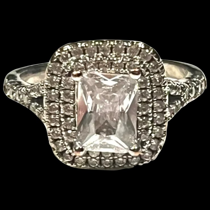 Estate Moissanite Double Halo Engagement Ring: Title: Estate Moissanite Double Halo Engagement Ring Description: Estate Moissanite Double Halo Engagement Ring Hallmarked: No Hallmark Seen Weighs 4.45 grams Measures Approx. US Ring Size 8 Date/Peri
