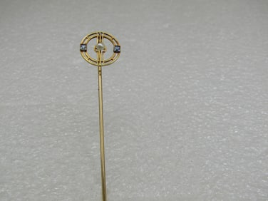 14kt Art Deco Pearl Sapphire Stick Pin, 2.5"