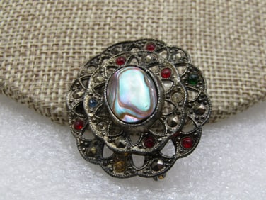 Vintage Little Nemo Abalone Rhinestone Brooch, 1930's Signed L/N