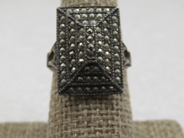 Vintage Sterling Marcasite Rectangular Ring, Sz. 8, Signed J J, Judith Jack, 1960's