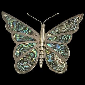 Large Sterling Silver & Abalone Butterfly Pin Brooch Signed Mexico