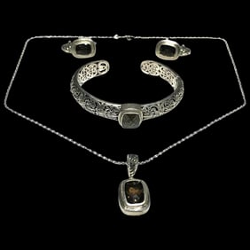Estate Phillip Gavriel PG Sterling Silver & 18k Gold Smoky Quartz Filigree Cuff Bracelet, Earrings,