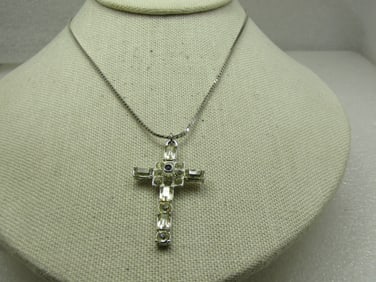 Vintage Rhinestone Cross Necklace 18" Herringbone Chain