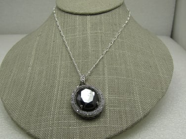 Sterling Silver Faux Hematite & Rhinestone Halo Necklace, 20" Heart Accents.