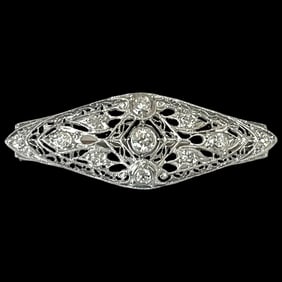 Art Deco 14k Gold Filigree Diamond Brooch