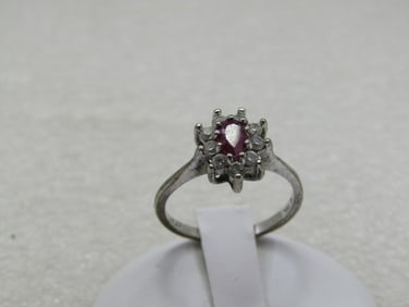 Vintage Sterling Ruby Halo Rhinestone Ring, Sz. 7.5, Signed