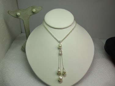 Vintage Faux Pearl Necklace and Earrings Set, Pierced,  18", 1990's, Signed