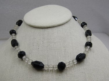 Vintage Clear & Black Glass Beaded Necklace, 15.5", 1940's