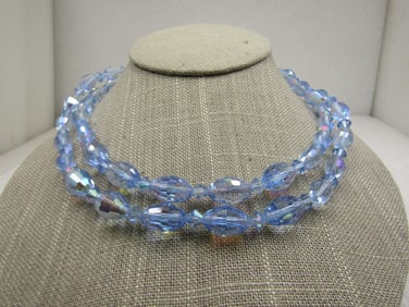 Vintage Blue Crystal Aurora Borealis Double Strand Necklace mid-century