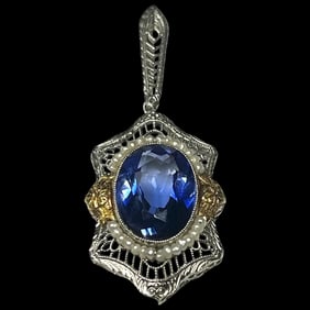 Antique 14k Gold Two Tone Blue Stone Seedpearl Pendant