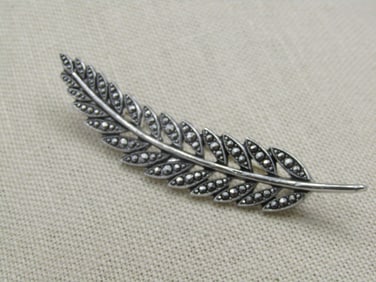 Vintage W. Germany Aluminum Faux Marcasite Leaf Brooch, 3"